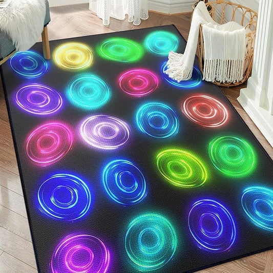 59"x39" Circle Sampler Abstract Educational Area Rug for Kids Bedroom, Preschool, Classroom, Playroom, Home Learning Circular Pattern Washable Carpet,Black