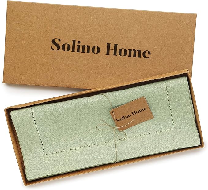 Solino Home Linen Table Runner 36 Inches - 100% Pure Linen Sage Green Hemstitch Table Runner 14 x 36 Inch Ideal for Dresser and Coffee Tables - Fall, Autumn, Thanksgiving - Classic Hemstitch