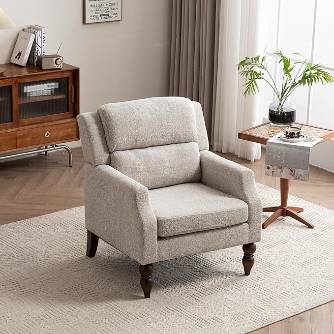 Kidol & Shellder Oatmeal Oversized Accent Chair for Living Room Set of 2 Modern Reading Chair with Back Wide Upholstered Comfy Single Sofa Chair Bedroom Lounge Side Corner Boucle Fabric Armchair