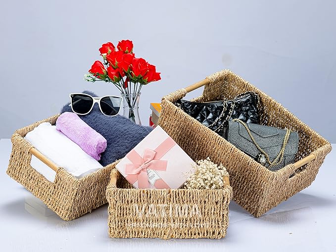 VATIMA Seagrass Baskets with Wooden Handles, Set of 3 Decorative Natural Wicker Baskets for Kitchen