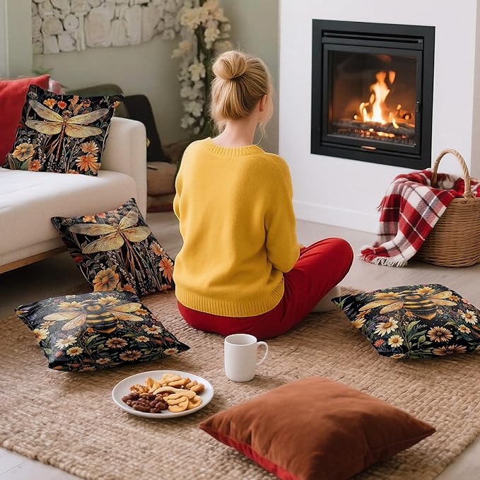 Vintage Dark Dragonfly Bee Pillow Covers 18x18 Double-Sided Set of 4,Moody Dark Cottagecore Wildflowers Floral Throw Pillow Covers for Couch Bed,Dragonfly Bee Gifts for Women,Cottagecore Decor