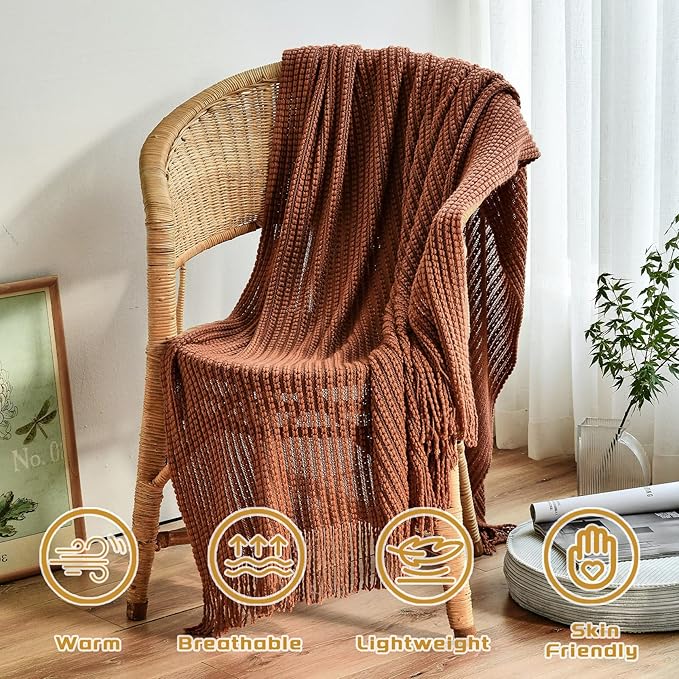 Blagic Knitted Throw Blanket for Couch,Soft Farmhouse Boho Fall Throw Blanket with Tassels,Home Decorative Lightweight Throw Blankets, Orange Rust Throws for Bed/Chair/Sofa, 60" W x 80" L