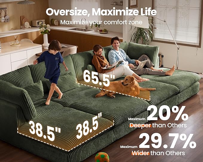 Oversized Modular Sofa, Extra Deep Cloud Corduroy Sectional Couch with Ottoman Chaise, Fluffy Corduroy 2 Seater Sofa Bed for Living Room, Villa (Loveseat Sofa, Corduroy Green)