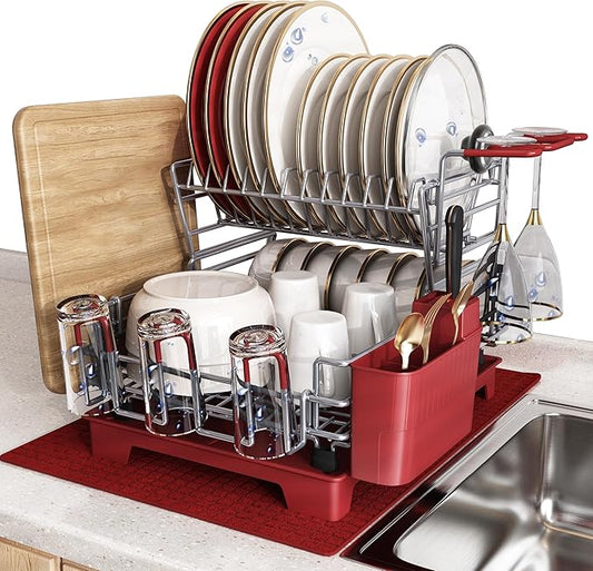 BOOSINY 2 Tier Red Large Stainless Steel Dish Drainers Drying Rack for Kitchen Counter with Drainboard, Rust Proof Metal, Space Saving, Modern Aesthetic, Compact Plates Strainers with Extra Mat