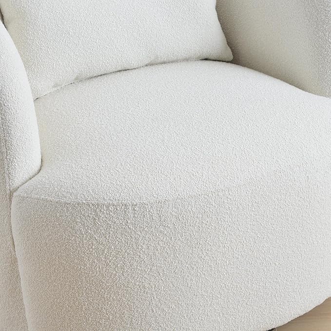 KINWELL 34" Wide Sherpa Swivel Barrel Chair, No Assembly Round Boucle Upholstered Accent Chair Armchair Single Sofa Chair with Toss Pillow for Living Room and Bedroom, Beige