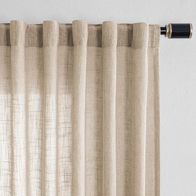 MYSKY HOME Boho Curtains Farmhouse Living Room Curtain Drapes, Light Filtering Semi Soft Cotton Blend Sheer Window Treatments for Sliding Glass Door Doorways, 100" x 90", Light Oatmeal, Set of 1