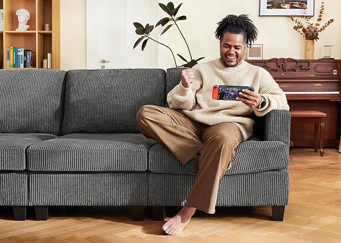 Nolany Corduroy Sectional Couch with Storage Ottoman, Sleeper Sectional Sofa with Chaise, Modular Sectional Couches for Living Room, Dark Grey