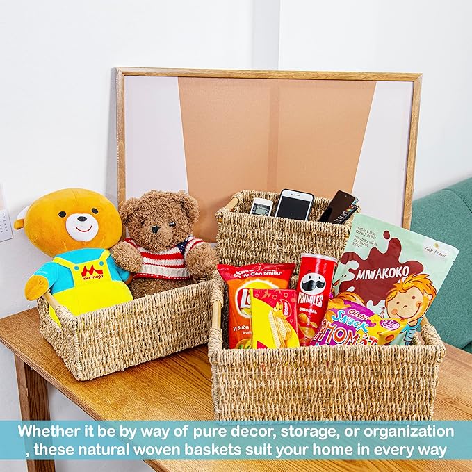 VATIMA Seagrass Baskets with Wooden Handles, Set of 3 Decorative Natural Wicker Baskets for Kitchen