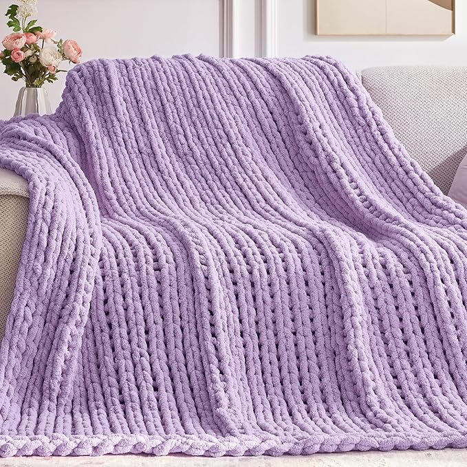 Chunky Knit Throw Blanket, 50''*60'' Knitted Throw Chenille Yarn for Bed Couch, Handmade Light Purple Crochet Big Thick Blanket, Machine Washable Cute Comfy Blanket for Home Decor
