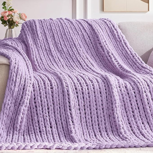 Chunky Knit Throw Blanket, 50''*60'' Knitted Throw Chenille Yarn for Bed Couch, Handmade Light Purple Crochet Big Thick Blanket, Machine Washable Cute Comfy Blanket for Home Decor