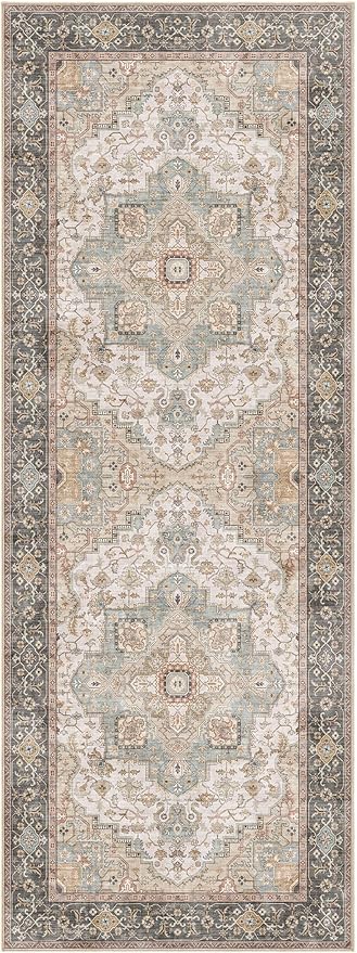 Washable 2x6 Runner Rug - Area Rugs Neutral Vintage Distressed Floral Farmhouse Boho Large Soft Floor Rug Indoor Carpet for Hallway Entryway Bedroom Kitchen - Forest Green Orange