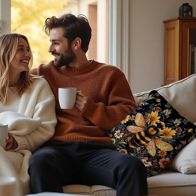 William Morris Inspired Wildflower Dragonfly Bee Pillow Covers 18x18 Set of 2, Vintage Dark Cottagecore Floral Botanical Insects Decorative Throw Pillow Covers for Home Bedroom Living Room