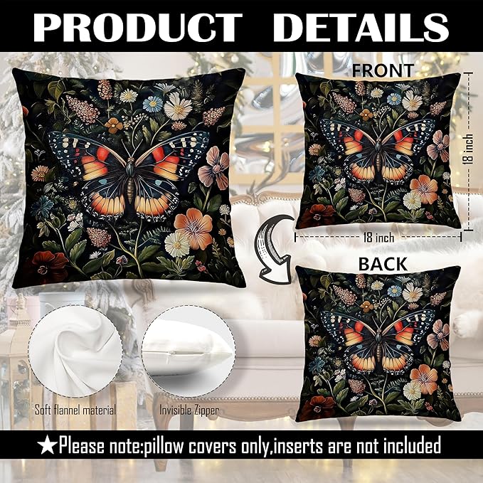 Gorgeous Butterfly Floral Pillow Covers 18x18, Dark Cottagecore Wildflower Botanical Moth Decorative Throw Pillow Covers for Bedroom Living Room Home, Butterfly Room Decor