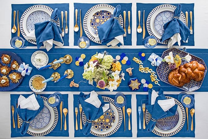 Solino Home Linen Table Runner 36 Inches - 100% Pure Linen Indigo Blue Hemstitch Table Runner 14 x 36 Inch Ideal for Dresser and Coffee Tables - Fall, Autumn - Classic Hemstitch