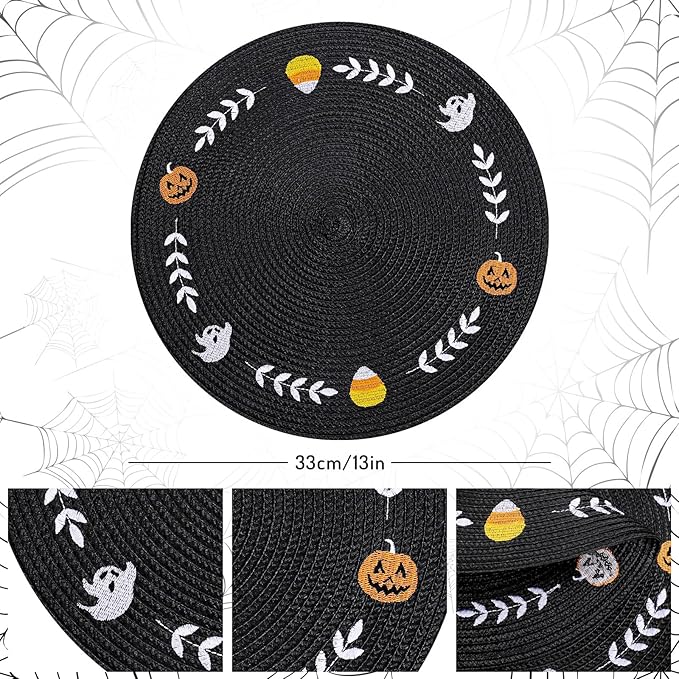 Whaline 4Pcs Round Halloween Placemats Embroidered Ghost Pumpkin Candy Corn Place Mats Black Spooky Dinner Table Mats for Halloween Party Decor