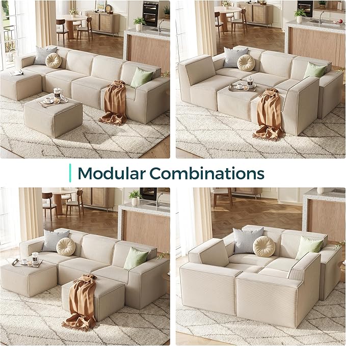 LINSY HOME Modular Sectional Sofa, 105" Boneless Couch L Shaped 3-Seat Sofa with Movable Ottoman, Corduroy Sectional Cloud Couches for Living Room, No Assembly Required, Beige