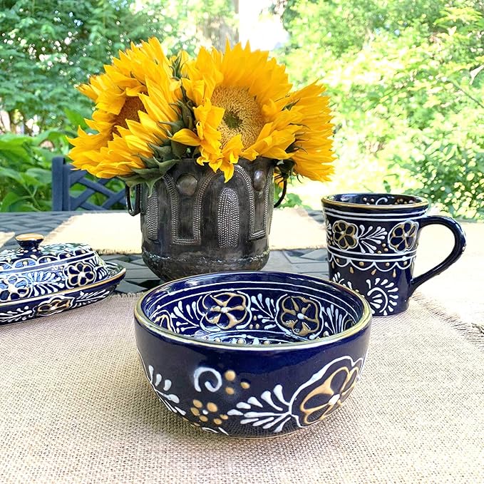 Encantada Handmade Hand-Painted Authentic Mexican Pottery Mugs (2-Pack, Blue Helecho)