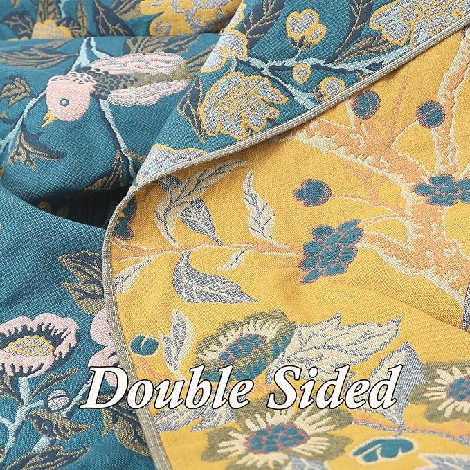 Snycler Boho Throw Blanket for Bed - 100% Cotton Ultra Soft Rustic Quilt Blanket Green Bird Floral Printed Farmhouse Decor Bed Blankets, 80"×90" All Season Rustic Throw for Sofa Couch Chair