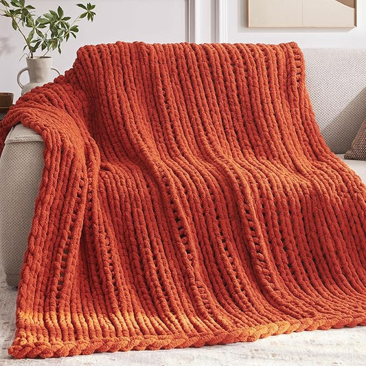 Chunky Knit Throw Blanket, 40''*50'' Knitted Throw Chenille Yarn for Bed Couch, Handmade Orange Crochet Big Thick Blanket, Machine Washable Cute Comfy Blanket for Home Decor