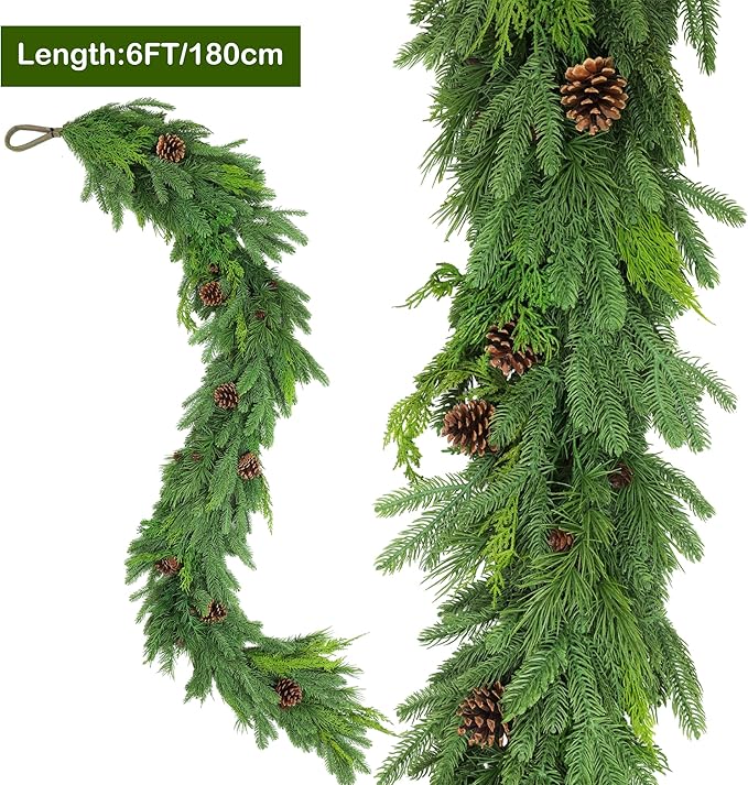 6FT Christmas Garland, Cedar Garland with Pine Cones Artificial Cypress Pine Garland for Mantle Stairs Table Indoor Outdoor Home Xmas Christmas Decor Decorations