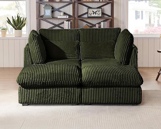 Oversized Modular Sofa, Extra Deep Cloud Corduroy Sectional Couch with Ottoman Chaise, Fluffy Corduroy 4 Seater Couch Bed for Living Room, Villa (Sofa Bed 4 Seater, Corduroy Green)