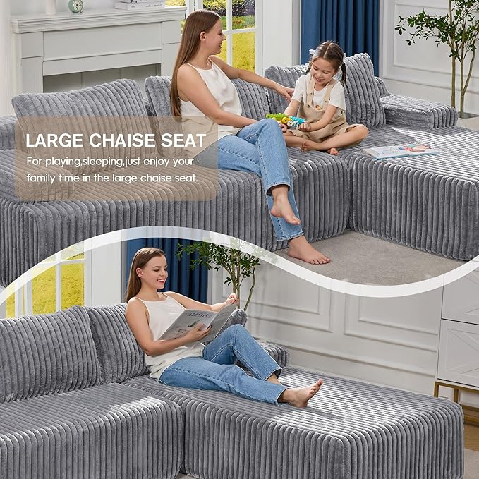 Hobestluk Modular Sectional Sofa Couches 108" L-Shape Couch 3 Seat Modular Sofa Memory Foam Sectional Couches for Living Room, Boneless Couch with Oversized Chaise (Light Grey, Right Facing)
