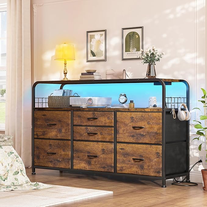 TV Stand for Bedroom with LED Lights & Charging Station, 7 Drawer with Open Shelf, Media Console for Living Room & Chest of Drawers for Closet, Entryway, Hallway, 4 Hooks, Rustic Brown