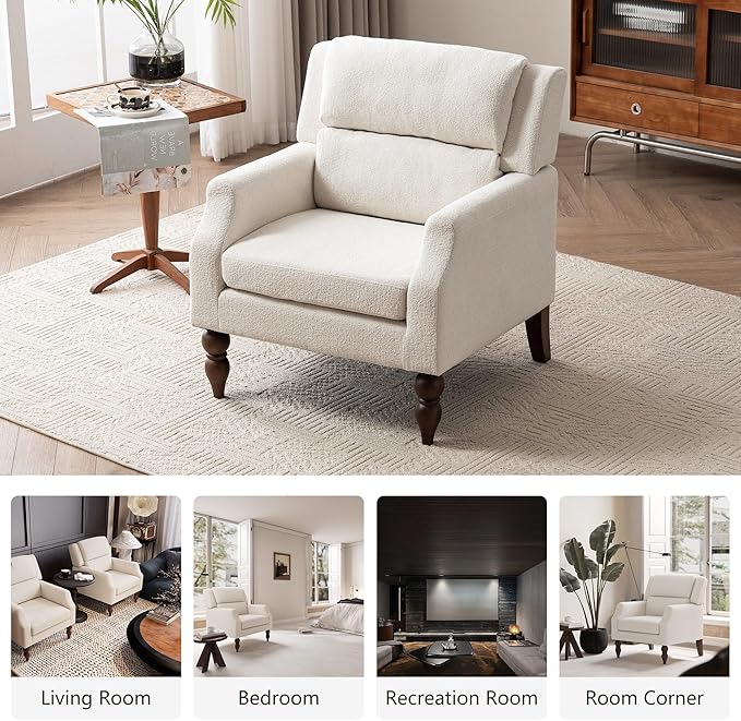 Kidol & Shellder White Oversized Accent Chair for Living Room Set of 2 Modern Reading Chair with Back Wide Upholstered Comfy Single Sofa Chair for Bedroom Lounge Side Corner Fabric Armchair