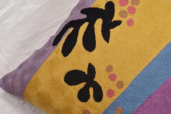 Matisse Gold Pillow Cover Purple Modern Pillowscase Chair Cushion Abstract Farmhouse Flower Outdoor Mid Century Hand Embroidered Wool Size 18x18