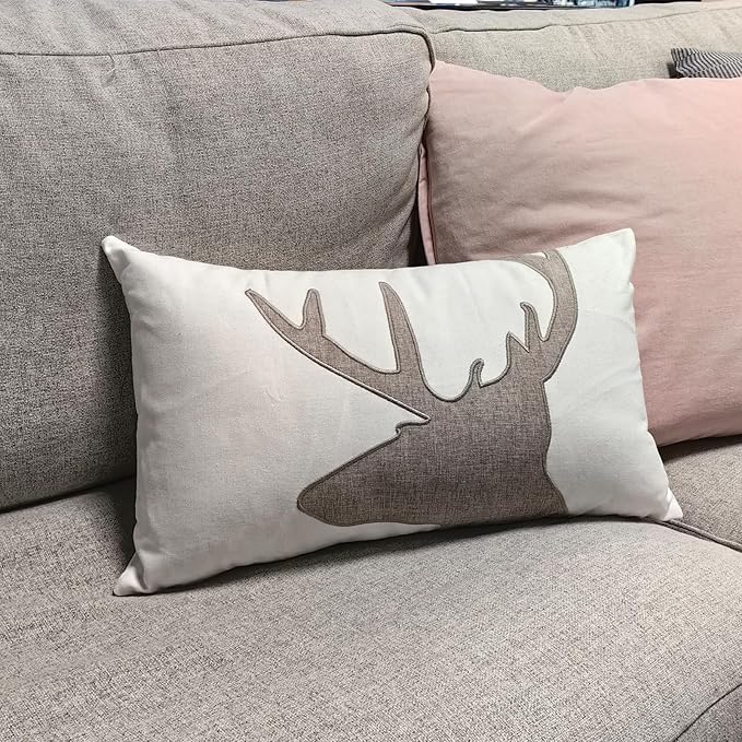 Lumbar Pillow Covers 12x20 Inches Deer Decorative Cotton Linen Deer Head Throw Lumbar Waist Embroidered Cushions Covers for Couch Sofa Bedroom White