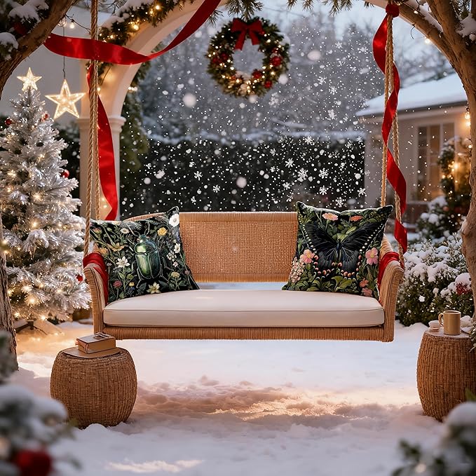 William Morris Inspired Butterfly and Beetle Pillow Covers 18x18 Set of 2, Dark Cottagecore Wildflower Botanical Insect Moth Decorative Throw Pillow Covers for Home Bedroom Living Room