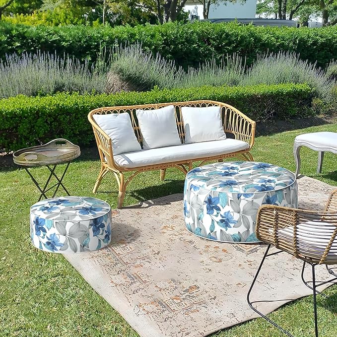 LVTXIII Outdoor/Indoor Inflatable Ottoman, All Weather Round Footrest Stool with Handle D31”x H14”, Portable Pouf for Patio Garden Camping or Home Decoration, Clemens Noir Blue