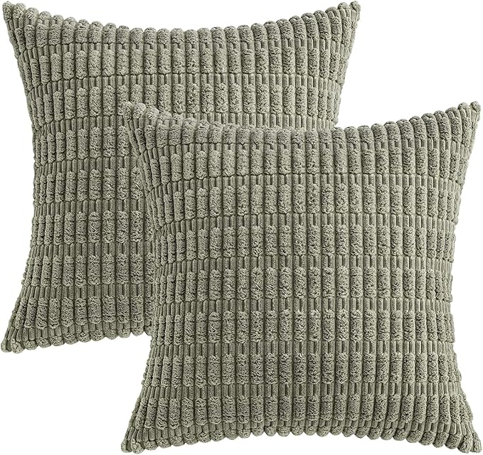 MIULEE Pack of 2 Corduroy Decorative Throw Pillow Covers 20x20 Inch Soft Boho Striped Pillow Covers Modern Farmhouse Home Decor for Summer Sofa Living Room Couch Bed Light Olive Green
