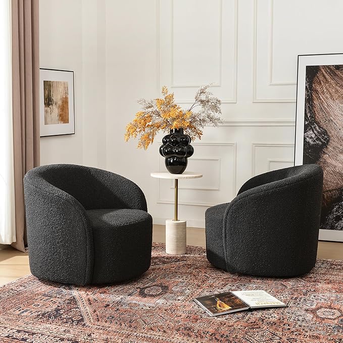 KINWELL 34" W Swivel Barrel Chair Set of 2, Mid Century Modern Round Upholstered Boucle Swivel Accent Chairs, No Assembly Sofa Chair for Living Room Bedroom Reading, Black