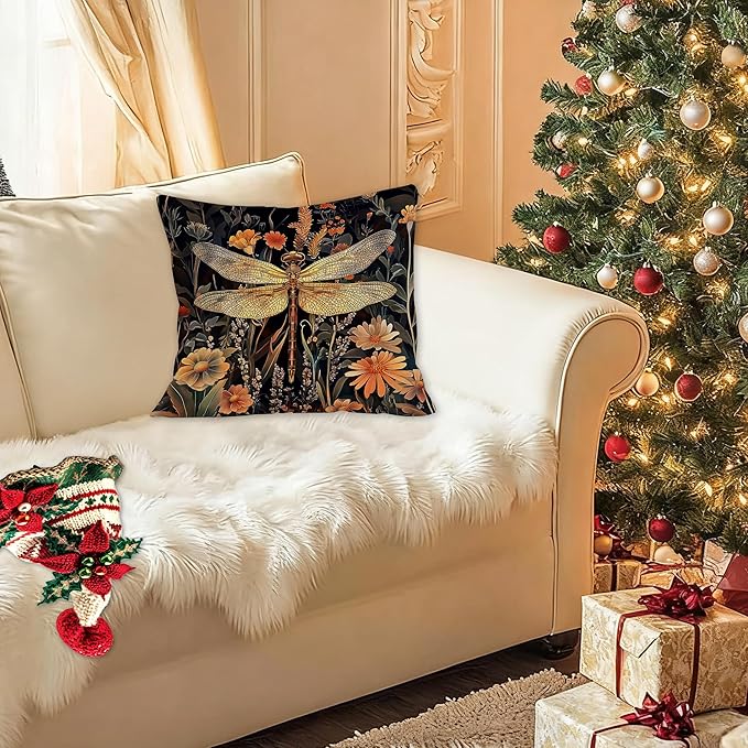 William Morris Inspired Christmas Dragonfly Decor Pillow Covers 18x18,Dragonfly Gifts for Women,Moody Dark Cottagecore Wildflowers Floral Throw Pillow Covers for Home, Cottagecore Floral Decor