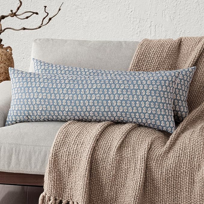Foindtower Set of 2 Decorative Neutral Body Lumbar Throw Pillow Covers Vintage Accent Farmhouse Cushion Covers Floral Home Decor for Sofa Couch Chair Bedroom Living Room,14×36 Inch,Dusty Blue
