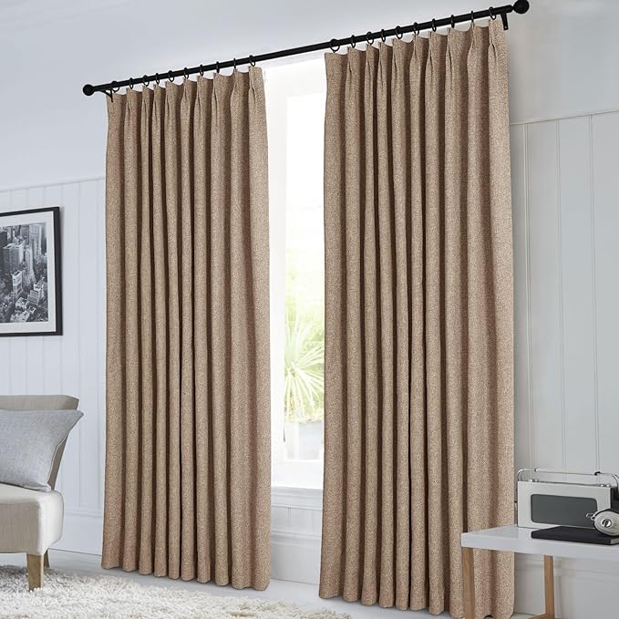 Macochico 100”Wx96”L Pinch Pleated 100% Blackout Linen Curtains Thermal Sliding Curtains for Bedroom Living Room Sliding Glass Door Farmhouse Shabby Chic Taupe Drapery with Tieback 1 Panel