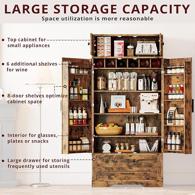IRONCK Kitchen Pantry 72" Height, with 8 Hanging Shelves, 2 Drawers and Open Storage Cabinet, Freestanding Cupboard for Dining Room Living Room,Vintage Brown
