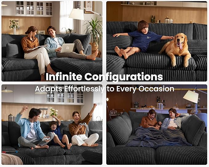 Oversized Modular Sofa, Extra Deep Cloud Corduroy Sectional Couch with Ottoman Chaise, Fluffy Chenille L-Shaped Sofas for Living Room, Villa (L Shape 4 Seater, Corduroy Black)