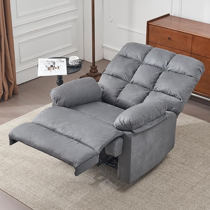 Rocker Recliner Chair, Overstuffed Manual Rocking Recliner for Adults, Upholstered Comfy Soft Fabric Living Room Reclining Sofa Chair(Gray)