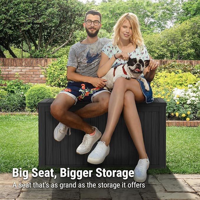 Mars Villa 150 Gallon Outdoor Storage Box Waterproof, Large Resin Deck Box for Outdoor Patio Furniture Cushions, Pool Supplies, Garden Tools, with Hydraulic Hinge, UV-Resistant and Weatherproof, Black