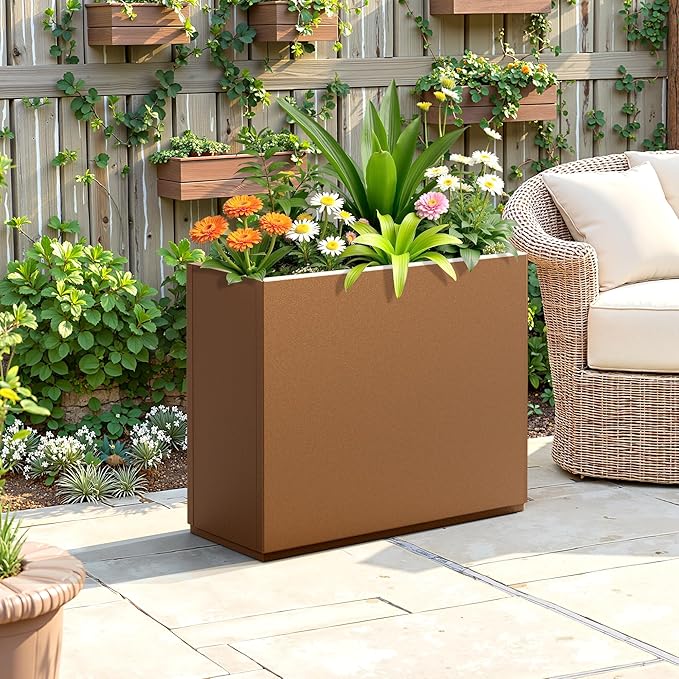 FENCY Metal Planter Box, Large Rectangular Planters for Outdoor Plants, Outdoor Tall Planters with Drainage Holes, Brown Metal Planters (30" L x 12" W x 24" H)