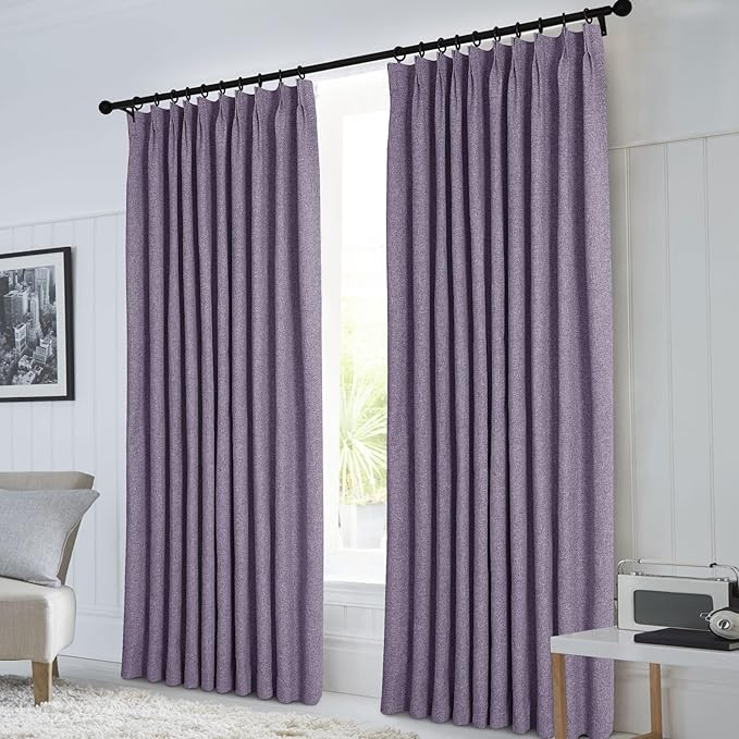 Macochico 100”Wx96”L Pinch Pleated 100% Blackout Linen Curtains Thermal Sliding Curtains for Bedroom Living Room Sliding Glass Door Farmhouse Shabby Chic Violet Drapery with Tieback 1 Panel