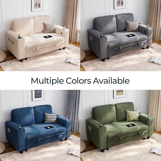 LINSY HOME Loveseat Sofa with Storage - Comfy Plush Corduroy 2 Seater Sofa with USB Charging & Cup Holders, Deep Seat Love Seat for Small Spaces Living Room Bedroom Apartment, Blue