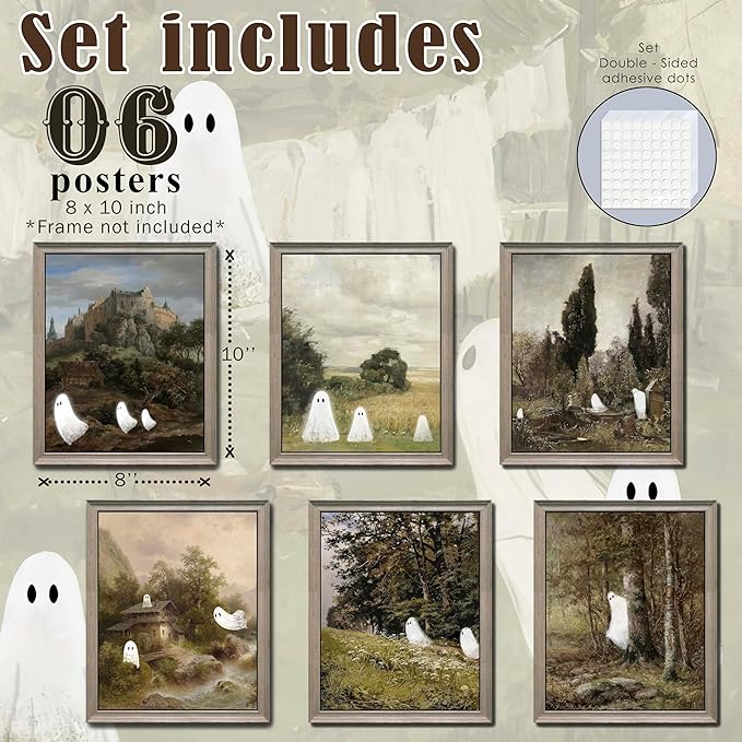 LANCHI95 6 Pcs 8x10in Halloween Wall Art Prints, Vintage Posters, Cute Ghost Pictures for Bedroom Decor (UNFRAMED)