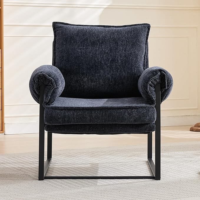 YISHENG Accent Chair with 6-Angle Adjustable Backrest, Chenille Fabric Living Room Chair Upholstered Lounge Chair, Modern Chair Cozy Reclining Chair for Reading Room, 1PC Dark Blue