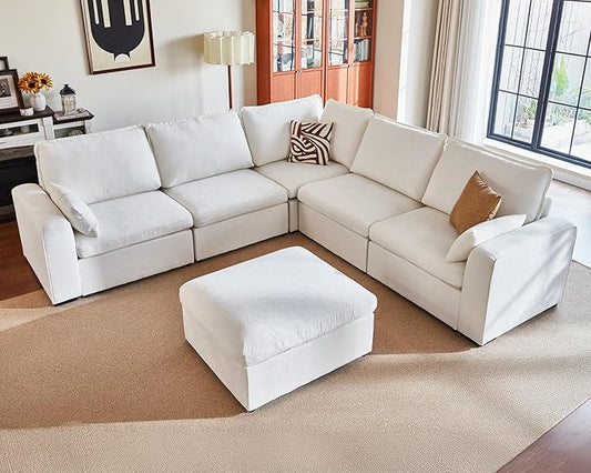 Oversized Modular Sofa Comfy Cloud Couch with Storage, Extra Deep Plush Sectional Sofa Set for Living Room, Covers Washable, Chenille, Olar (White, 6-seatser with Corner & Ottoman, v-Shaped)