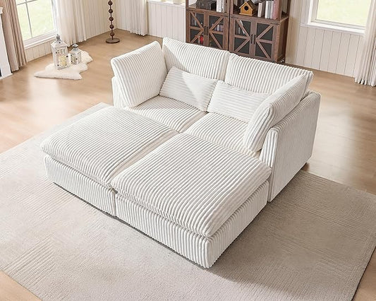 Oversized Modular Sofa, Extra Deep Cloud Corduroy Sectional Couch with Ottoman Chaise, Fluffy Corduroy 4 Seater Couch Bed for Living Room, Villa (Sofa Bed 4 Seater, Corduroy White)