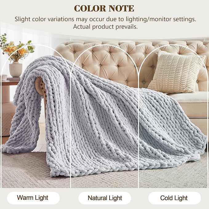 Carriediosa Chunky Knit Throw Blanket 50" X 60", 100% Hand Made Large Chenille Loop Yarn Soft Fluffy Throws for Couch Sofa Bed, Big Crochet Cozy Heavy Thick Cable Woven Blanket, Grey