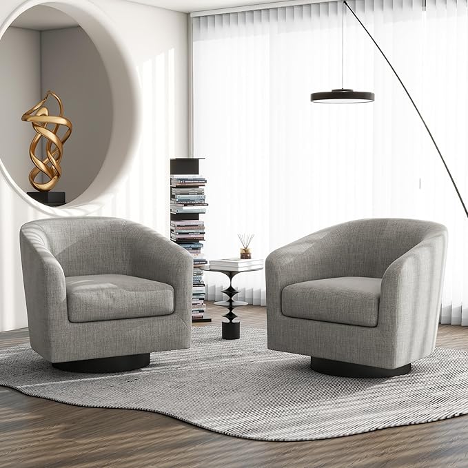 Swivel Barrel Accent Chair, Modern Round Linen Arm Chair for Living Room, Bedroom, Comfy Club Reading Chairs for Adults（Linen Fabric, Khaki, Set of 1